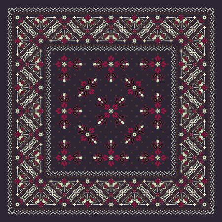 Vector ornament paisley Bandana Print. Silk neck scarf or kerchief square pattern design style, best motive for print on fabric or papper.のイラスト素材