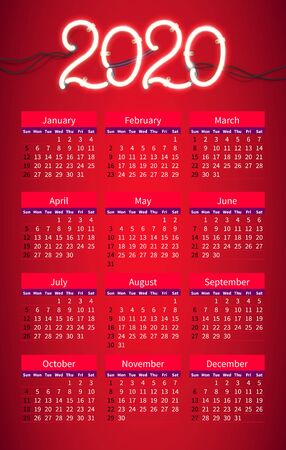 Glowing neon sign 2020 with wires, tubes and brackets. Vector element for New Year card, logo, calendar or other design.のイラスト素材