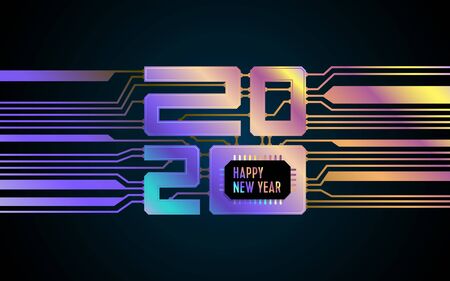 Happy New Year 2020 Text Design Lettering, Vector Logo illustration. Electronic Scheme Imitationのイラスト素材