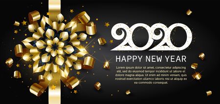 2020, Happy New Year, gold. Greeting card with text 2020 with christmas ball. Background, banner, poster. Vector Illustration of happy new year 2020 and gold elementsのイラスト素材