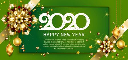 2020, Happy New Year, gold. Greeting card with text 2020 with christmas ball. Background, banner, poster. Vector Illustration of happy new year 2020 and gold elementsのイラスト素材