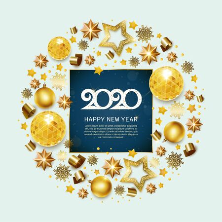 2020, Happy New Year, gold. Greeting card with text 2020 with christmas ball. Background, banner, poster. Vector Illustration of happy new year 2020 and gold elementsのイラスト素材