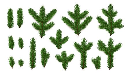 Set of Pine fir green branches. Spruce branches realistic. Christmas tree Set isolated on white background. Decorative design elements. Xmas decor. Decoration Natural objects. Vector illustrationのイラスト素材
