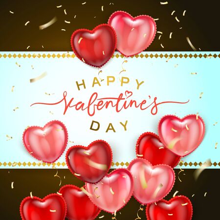 Balloon Hearts. Vector holiday illustration of flying bunch of colour balloon hearts and sparkling confetti. Happy Valentines Day. Festive romantic decoration. Wedding conceptのイラスト素材