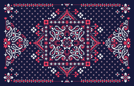Rectangular ornamental Bandana Print vector design for rug, carpet, tapis, shawl, towel, textile, yoga mat. Silk neck scarf or kerchief pattern design style, fabric or papper. Traditional ornamental ethnic pattern with paisley and flowers.のイラスト素材