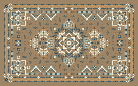 Rectangular ornamental Bandana Print vector design for rug, carpet, tapis, shawl, towel, textile, yoga mat. Silk neck scarf or kerchief pattern design style, fabric or papper. Traditional ornamental ethnic pattern with paisley and flowers.のイラスト素材
