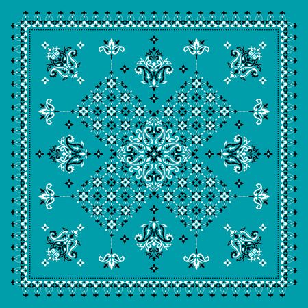 Vector ornament paisley Bandana Print. Silk neck scarf or kerchief square pattern design style, best motive for print on fabric or papper.のイラスト素材