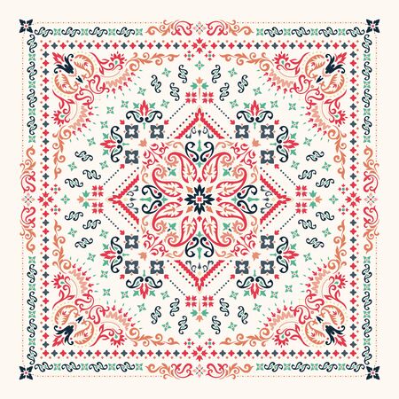 Vector ornament paisley Bandana Print. Silk neck scarf or kerchief square pattern design style, best motive for print on fabric or papper.のイラスト素材