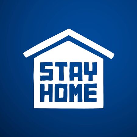 Stay at home lettering text under house roof. COVID 19 or coronavirus protection campaign  o, quarantine measures. Work at home during an outbreak of the COVID-19 virus. Perfect for posts, news.のイラスト素材