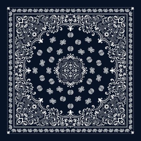 Vector ornament Bandana Print. Traditional ornamental ethnic pattern with paisley and flowers. Silk neck scarf or kerchief square pattern design style, best motive for print on fabric or papper.のイラスト素材