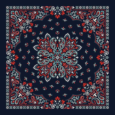 Vector ornament paisley Bandana Print. Silk neck scarf or kerchief square pattern design style, best motive for print on fabric or papper.のイラスト素材