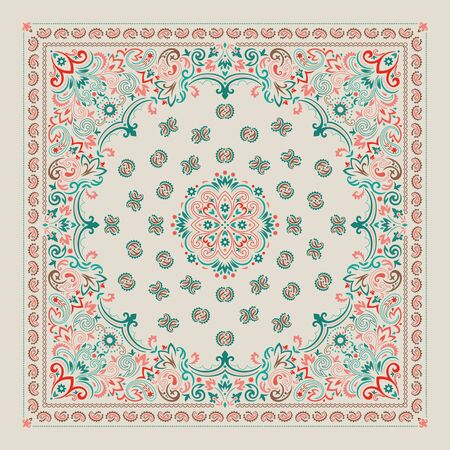 Vector ornament paisley Bandana Print. Silk neck scarf or kerchief square pattern design style, best motive for print on fabric or papper.のイラスト素材