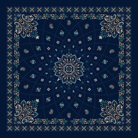 Vector ornament Bandana Print. Traditional ornamental ethnic pattern with paisley and flowers. Silk neck scarf or kerchief square pattern design style, best motive for print on fabric or papper.のイラスト素材