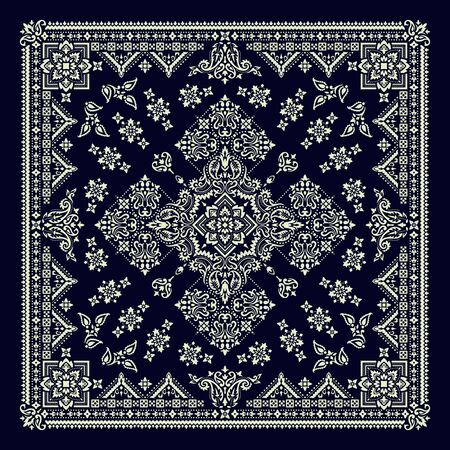 Vector ornament Bandana Print. Traditional ornamental ethnic pattern with paisley and flowers. Silk neck scarf or kerchief square pattern design style, best motive for print on fabric or papper.のイラスト素材