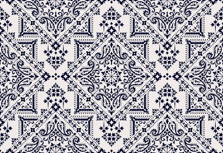 Rectangular seamless Bandana Print vector design for rug, carpet, tapis, shawl, towel, textile, yoga mat. Neck scarf or kerchief pattern design. Traditional ornamental ethnic pattern with paisley.のイラスト素材