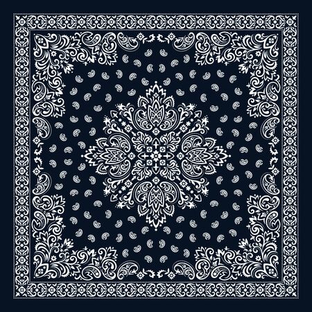 Vector ornament Bandana Print. Traditional ornamental ethnic pattern with paisley and flowers. Silk neck scarf or kerchief square pattern design style, best motive for print on fabric or papper.のイラスト素材