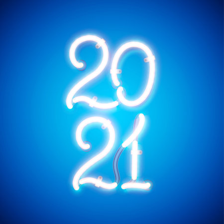 Glowing neon sign 2021 with wires, tubes and brackets. Vector element for New Year card, logo,...