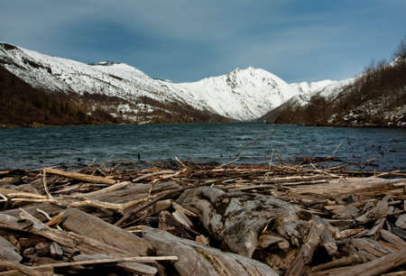 A high altitude clear water lake in front of a snow capped mountain peak and dry wooden logs floating in the water.の写真素材