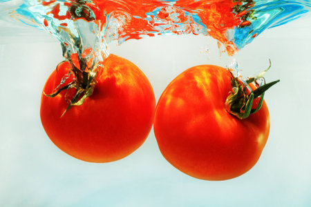 tomatoes in water on a blue backgroundの写真素材