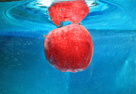 apple in water on a blue backgroundの写真素材