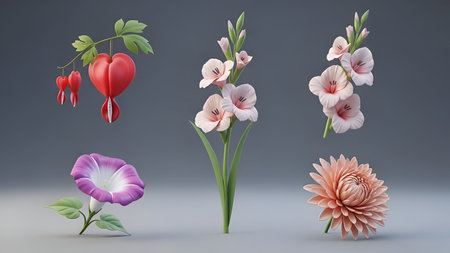 a 3D rendering of various colorful flowers, including a prominent heart-shaped red bloom, pink...