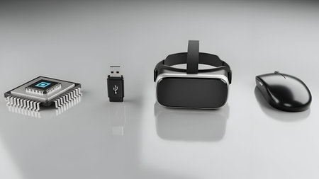 The a collection of modern tech gadgets arranged on a smooth gray surface. From left to right, there...