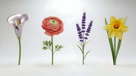 four distinct flowers arranged in a row against a plain white background. From left to right, there...