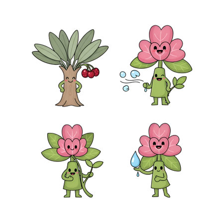 The four animated plant characters with faces performing different actions. The left a tree with a smiling face holding cherries. The other three characters are smaller plants with pink leaves and green stems. One is blowing bubbles, another is holding a leaf, and the last one is watering with a droplet. The characters are colorful, cheerful, and designed in a playful, cartoon style.の写真素材
