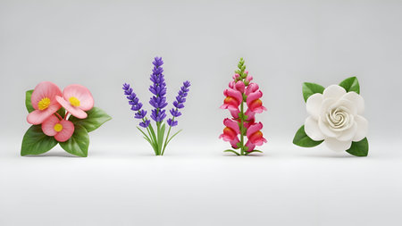 four distinct types of flowers, each with unique colors and shapes, arranged in a row against a...