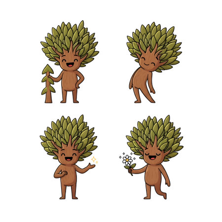 The four cartoonish tree creatures with brown bodies and large, leafy green heads. Each creature is in a different pose: one is holding a branch, one is holding a flower, one is gesturing with a sparkle, and one is standing with arms at its sides. The creatures smiling faces and appear friendly and playful. The style is whimsical and cute, nature-themed or fantasy-relatedの写真素材