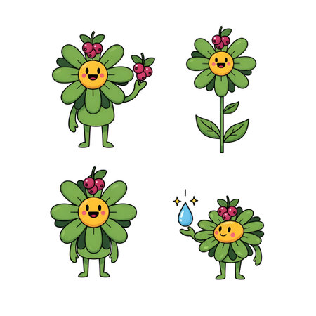 The four cartoon-style flower characters with green petals and yellow faces, each adorned with red berries. The flowers are anthropomorphized with arms and legs, and they are depicted in different poses. One flower is raising a berry with its arm, another is standing upright with berries on one is smiling with a heart-shaped face, and the last one is holding a water droplet. The flowers a playful and cheerful appearance, set against a plain white background.の写真素材
