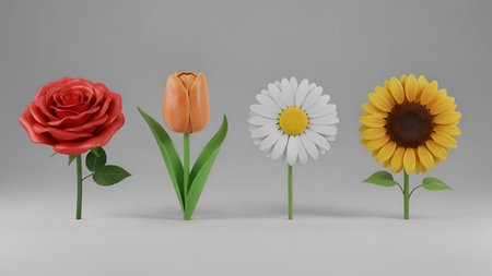 a 3D of four distinct flowers: a red rose, an orange tulip, a white daisy with a yellow center, and a yellow sunflower. Each flower is depicted with detailed petals, green leaves, and stems, standing upright against a plain gray background. The flowers are arranged in a row from left to right, showcasing their vibrant colors and realistic textures.の写真素材