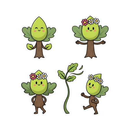 four cheerful, cartoon-style plant characters with green bodies, brown trunks, and leafy appendages. Each character has a smiling face and is adorned with a flower crown in shades of white and pink. One character is standing with arms outstretched, another is dancing, and two are standing with arms at their sides. The characters are set against a plain white background, giving the a clean, minimalist look. The overall mood is playful and cheerful, various nature-themedの写真素材
