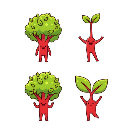 The four anthropomorphic tree characters with red bodies and green leafy tops. Each character has a smiling face and is depicted in a different pose, with two of them standing upright and two raising their arms joyfully. The characters are illustrated in a playful, cartoon style with vibrant colors and a cheerful mood. The composition is simple and centered, with each character occupying its own quadrant of theの写真素材
