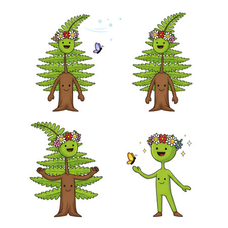 The four anthropomorphic tree characters with green bodies and brown trunks. Each character has a smiling face and is adorned with a flower crown on their head. The characters are depicted in a cartoon style with a whimsical and joyful mood. Two of the characters are standing with arms outstretched, while the other two are interacting with butterflies. The background is plain white, emphasizing the vibrant green of the characters and the colorful flowers and butterflies.の写真素材