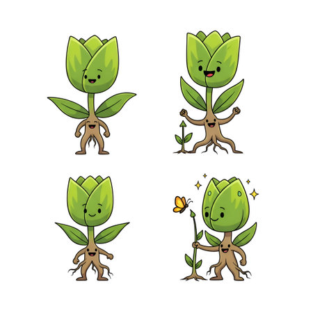 The four anthropomorphic green flower characters, each with a distinct pose and expression. The flowers smiling faces and are depicted with roots as legs and leaves as arms. One flower is standing with arms at its sides, another is flexing its leaves like muscles, the third is standing with a neutral pose, and the fourth is holding a stick with a butterfly nearby and sparkles around it. The characters are set against a plain white background, emphasizing their vibrant green color and playfulの写真素材