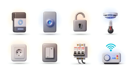 The a collection of smart home and security devices arranged on a white background. The devices...