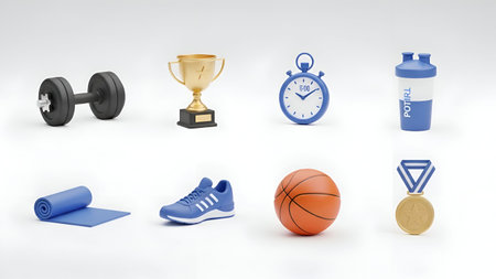 The collection of sports and fitness-related arranged in a grid. The include a black dumbbell, a...