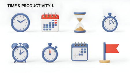 The a collection of 3D-rendered related to time and productivity, all in blue and white with some...
