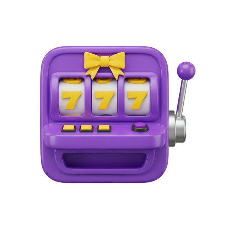 A 3D of a purple slot machine featuring three yellow sevens displayed on its reels. The machine is adorned with a yellow bow on adding a playful touch. It includes a lever on the right side and three yellow buttons below the reels. The is bright and colorful, giving it a fun and inviting appearance.の写真素材