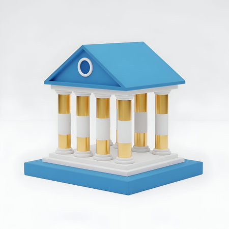 a 3D rendered building with a blue roof and a circular window. The structure has six gold and white...