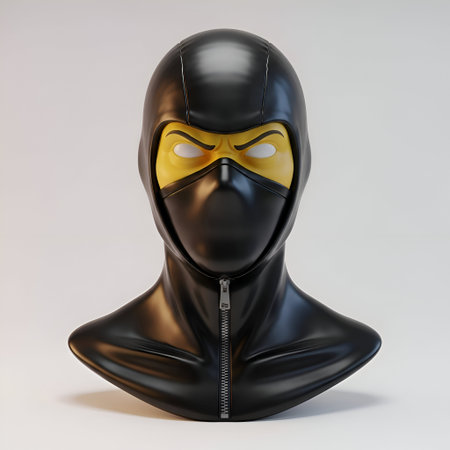 a 3D rendered black ninja mask with a shiny, reflective surface. The mask covers the entire head and...