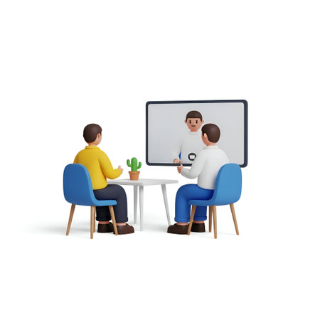 The a 3D of two individuals seated on blue chairs at a white table, engaged in a call with a third...