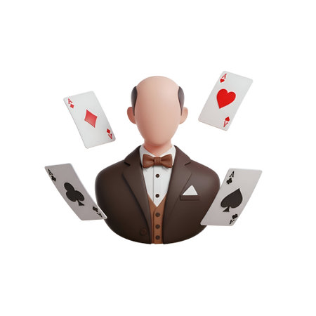The a 3D of a bald man dressed in a brown suit with a white shirt and a brown bow tie. Surrounding...