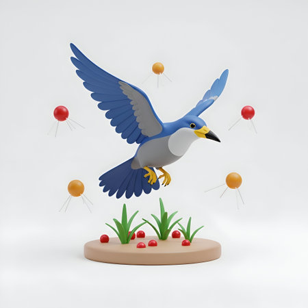 The a 3D rendering of a blue and gray bird with a yellow beak in mid-flight. The bird is hovering...