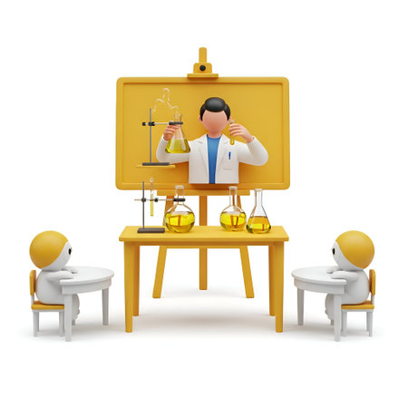 The a 3D of a classroom setting where a yellow robot teacher is explaining a science experiment to...