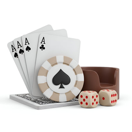 A set of playing cards with four aces of spades fanned out, placed next to a stack of beige and...