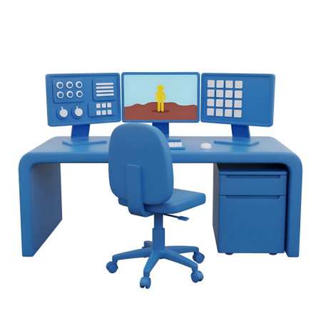 The a 3D of a blue office workstation. The setup includes a blue desk with a matching ergonomic chair, dual monitors, a keyboard, and a mouse. The left monitor a control panel with buttons and sliders, while the right monitor a simple of a yellow figure standing on a brown ground. The desk has a sleek, modern with a curved front and a small pedestal for storage. The overall scene is clean, organized, and minimalist, suggesting a and efficient workspace.の写真素材