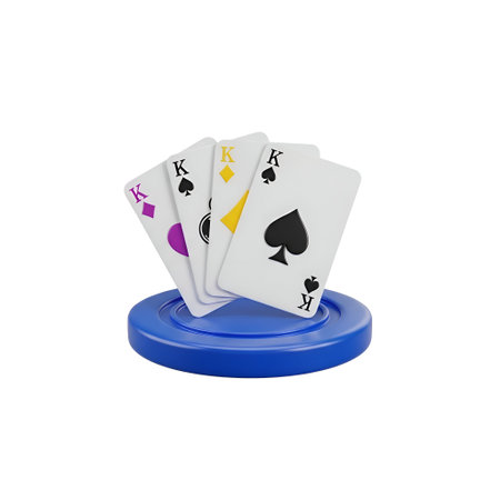The four playing cards fanned out and placed on a blue poker chip. The cards are all kings, each...