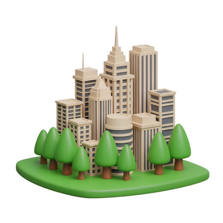 a 3D rendered cityscape with a collection of beige and gray skyscrapers and buildings. The...